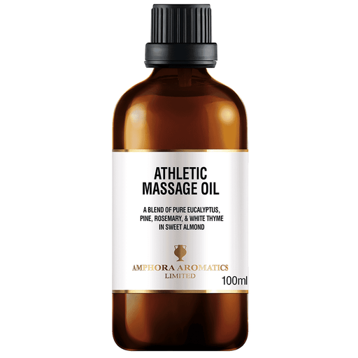 Amphora Aromatics athletic massage oil in a 100ml bottle, with a clear label and pump dispenser, suitable for sports massage therapy.