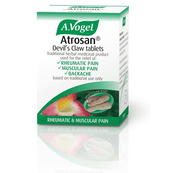 A Vogel BioForce Atrosan Devil's Claw Tablets bottle with 30 tablets, showing the label and product packaging.
