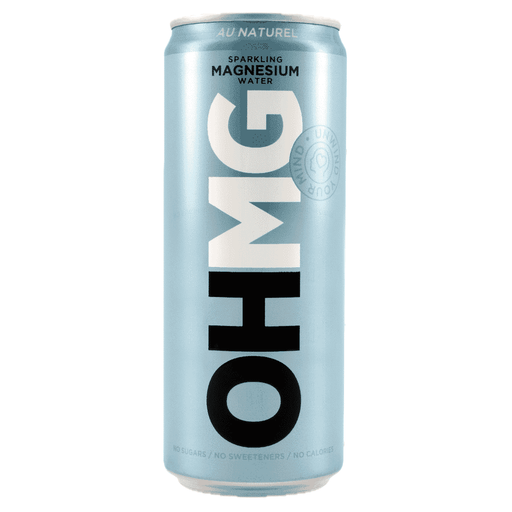 A 330ml bottle of ohmg Au Naturel Sparkling Magnesium Water, clear glass with a minimalist label, carbonated beverage.