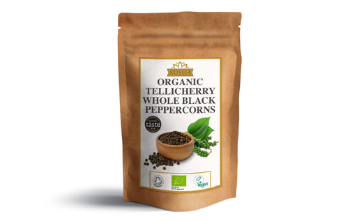 Ausha Organic Tellicherry Black Peppercorns 100g - Dennis the Chemist