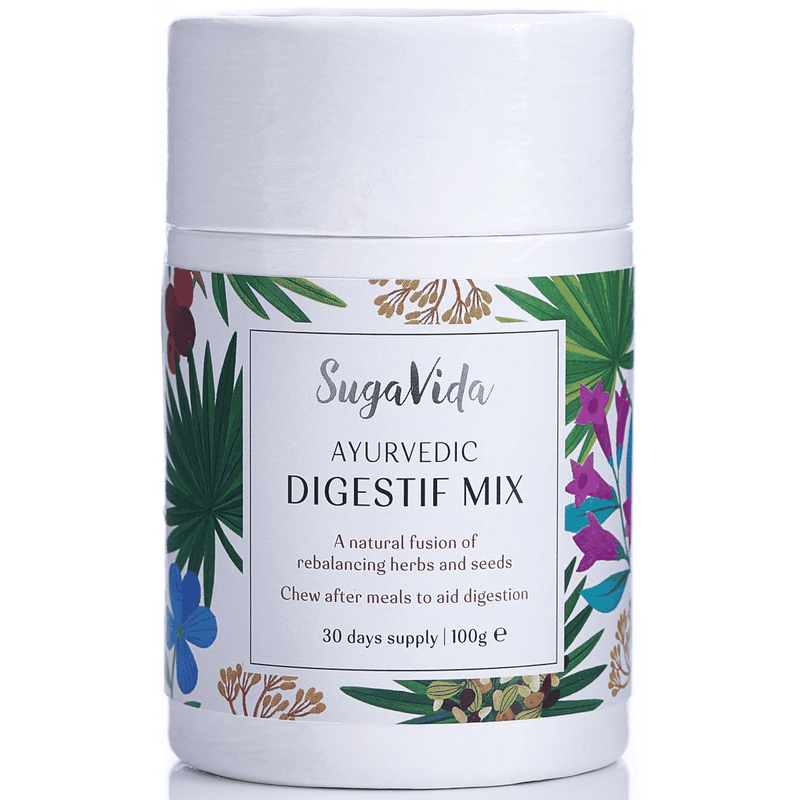 SugaVida Ayurvedic Digestif Mix 100g in a clear glass jar with a colorful label, showing dried herbs and spices inside.