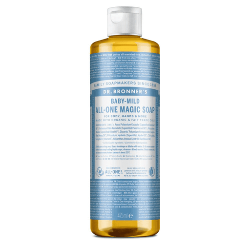 Dr Bronner's Baby-Mild All-One Magic Soap 475ml bottle with label and pump, natural ingredients for gentle baby skincare