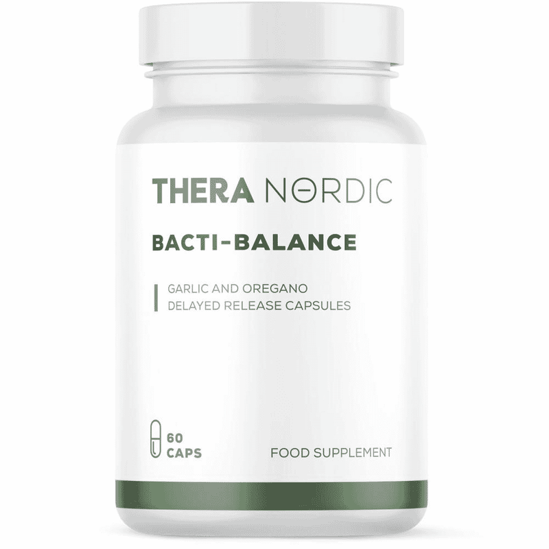 Thera Nordic Bacti-Balance probiotic supplement bottle with 60 capsules, featuring label details and product branding.