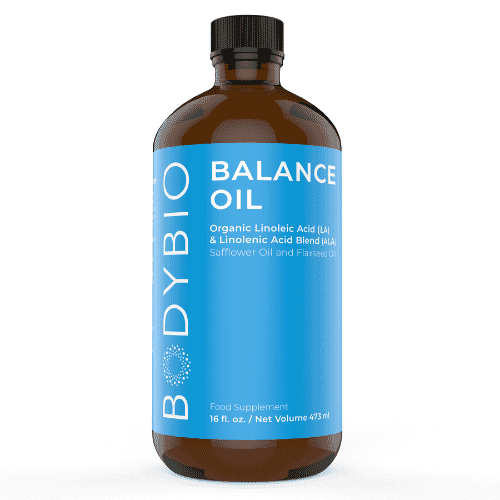 BodyBio Balance Oil 473ml bottle with a clear label and golden cap, displayed on a white background.