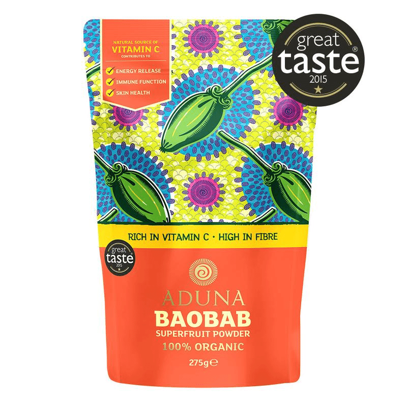 Aduna Baobab Superfood Powder 275g in a clear jar with a scoop, showing the light powder inside.