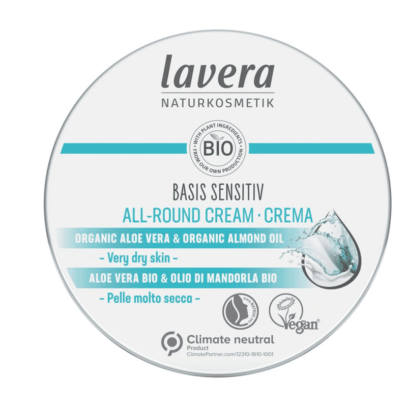 Lavera Basis Sensitiv All-Round Cream 150ml jar with white lid and light beige label, suitable for sensitive skin.