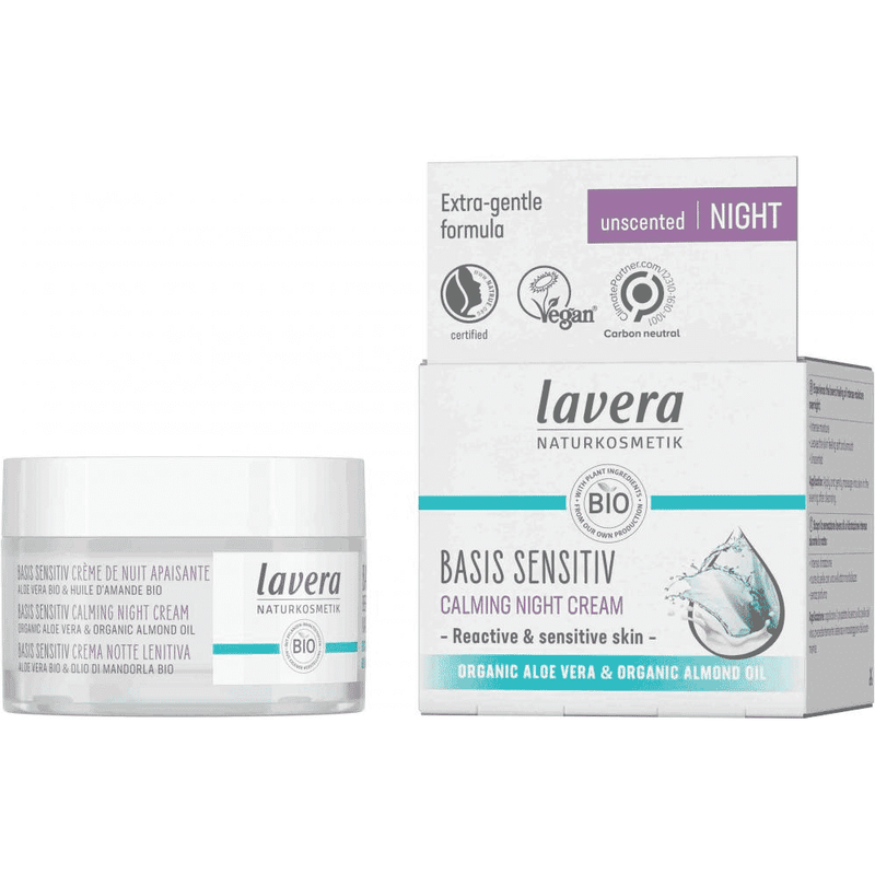 Lavera Basis Sensitiv Calming Night Cream in a 50ml jar, showing the soothing skincare formula and product packaging.