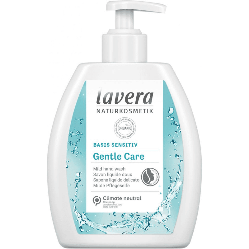 Lavera Basis Sensitiv Gentle Care Mild Hand Wash 250ml bottle with clear liquid and minimalist label design.