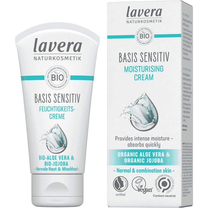 Lavera Basis Sensitiv Moisturising Cream in a 50ml jar, featuring a smooth, hydrating cream for sensitive skin.