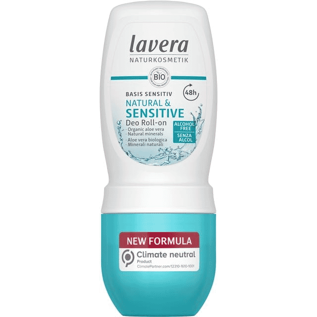 Lavera Basis Sensitiv Natural & Sensitive Deo Roll-On 50ml, clear roll-on bottle with white cap and label, suitable for sensitive skin.