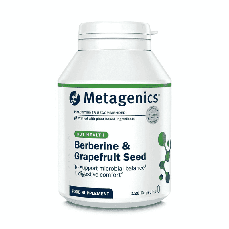 Bottle of Metagenics Berberine & Grapefruit Seed supplements with 120 capsules on a white background.