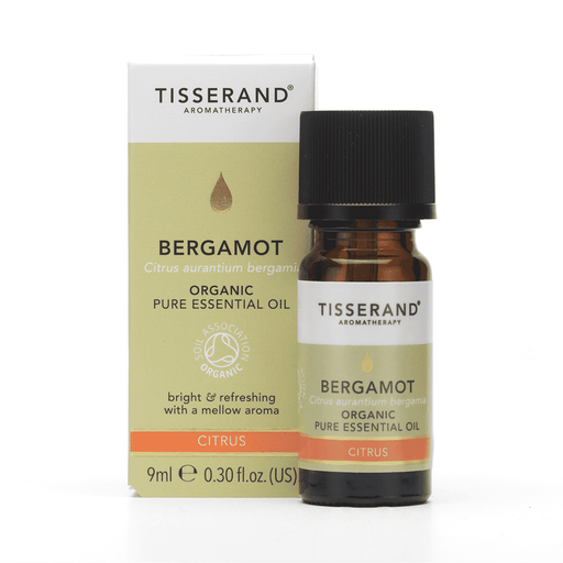 Tisserand Bergamot Organic Pure Essential Oil 9ml bottle with dropper, highlighting natural citrus scent and amber-colored glass bottle.