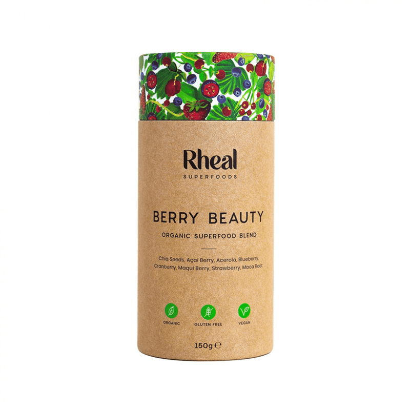 Rheal Superfoods Berry Beauty 150g package showing vibrant mixed berries and the product label for antioxidant-rich berry blend.