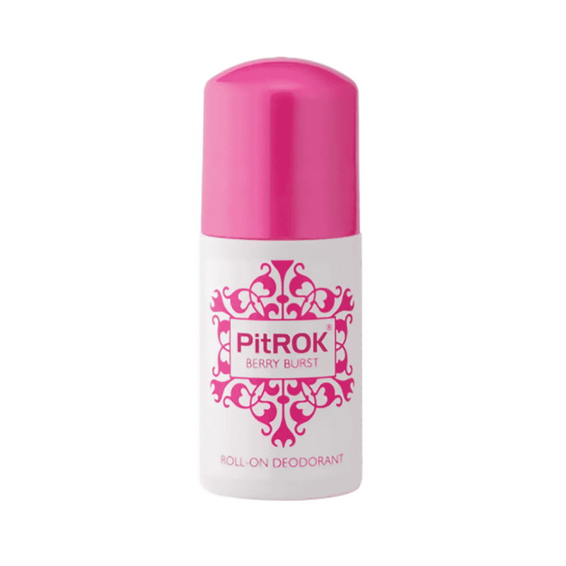 Pit Rok Berry Burst roll-on deodorant 50ml bottle with a vibrant berry-themed label and transparent cap.