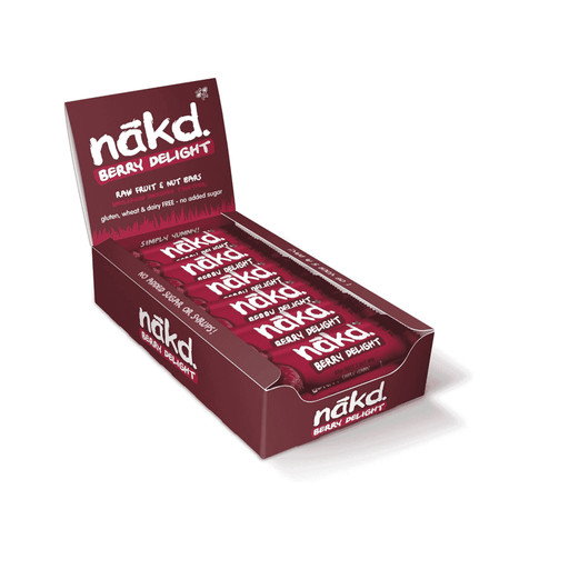 Case of Nakd Berry Delight 18-pack of 35g fruit and nut bars, featuring a colorful berry flavor and natural ingredients.
