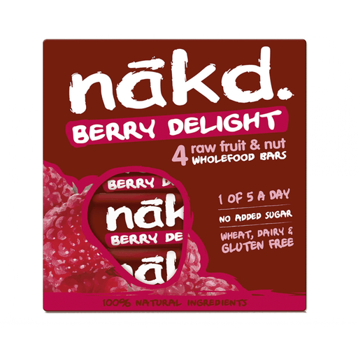 Nakd Berry Delight snack bars, 4-pack, featuring vibrant berry flavors and natural ingredients, wrapped in colorful packaging.
