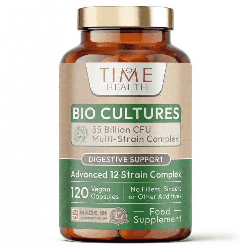 Time Health Bio Cultures 120s probiotic supplement bottle with capsules, showing the product label and packaging.