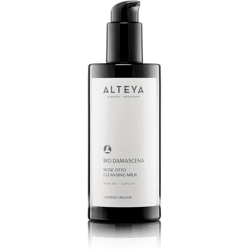 Alteya Bio Damascena Rose Otto Cleansing Milk in a 200ml bottle, with a soft pink rose floral background.