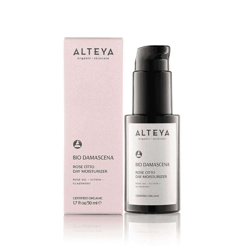 Alteya Bio Damascena Rose Otto Day Moisturizer 50ml jar with a white lid and rose-themed packaging.