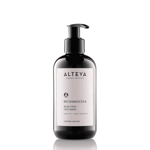 Alteya Bio Damascena Rose Otto Face Wash bottle with label, 250ml, natural rose-infused skincare product for gentle cleansing.