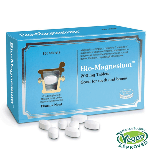 Bottle of Pharma Nord Bio-Magnesium 200mg supplement with 150 tablets, showing the product packaging and label.