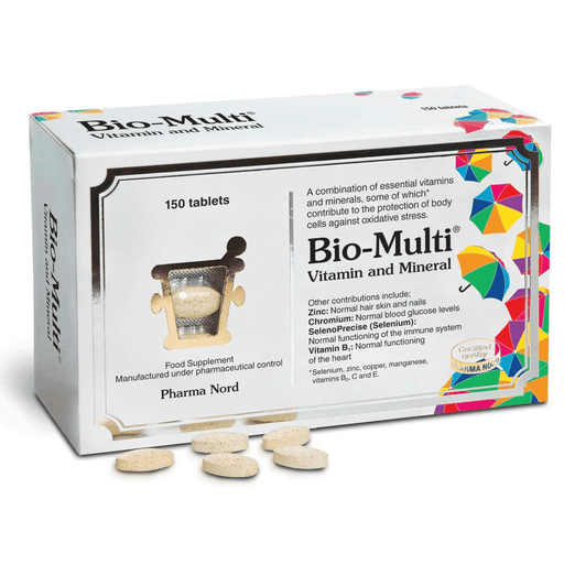 Box of Pharma Nord Bio-Multi Vitamin and Mineral supplements with 150 capsules, featuring colorful packaging and product details.