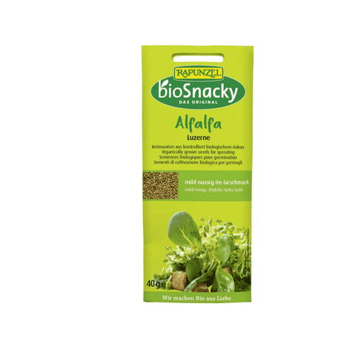 A Vogel BioForce bioSnacky alfalfa sprouting seeds in a 40g package, showing fresh green alfalfa seeds ready for sprouting.