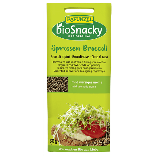 A Vogel BioForce bioSnacky broccoli rapini sprouting seeds in a 30g package, ready for sprouting in a clear seed tray.