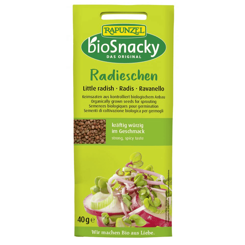 A Vogel BioForce bioSnacky Little Radish Sprouting Seeds in 40g package, showing sprouting radish seeds in a glass jar.
