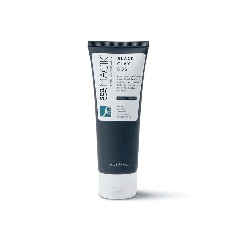 Sea Magik Black Clay SOS 75ml jar with black clay mask and applicator brush, ready for skincare treatment.