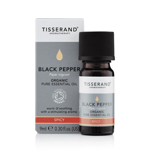 Tisserand Black Pepper Organic Pure Essential Oil 9ml bottle with black peppercorns and natural oil droplets visible.