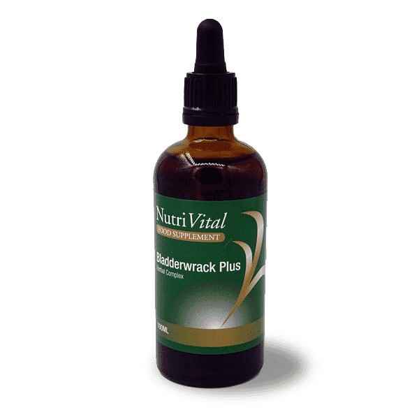 Nutrivital Bladderwrack Plus 100ml bottle with label showing natural seaweed supplement for thyroid and digestion support.