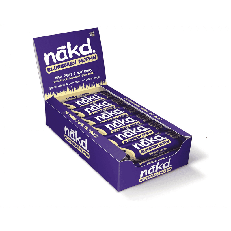 Case of 18 Nakd Blueberry Muffin bars, 35g each, featuring fresh blueberry flavor in a convenient snack bar packaging.