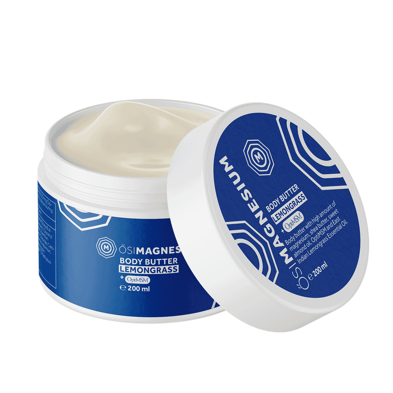 Osi Magnesium Lemongrass Body Butter with OptiMSM in 200ml jar, showing creamy texture and fresh lemongrass scent.