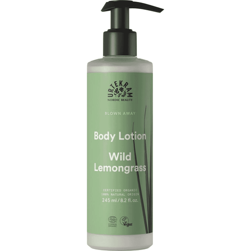 Urtekram Wild Lemongrass Body Lotion in a 245ml bottle, showing the lotion and packaging with natural ingredients and fresh scent
