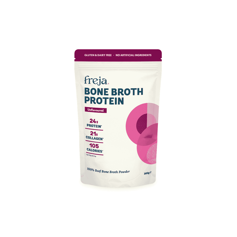 Unflavoured Freja Bone Broth Protein Beef powder in a 300g container, showing the product packaging and label.