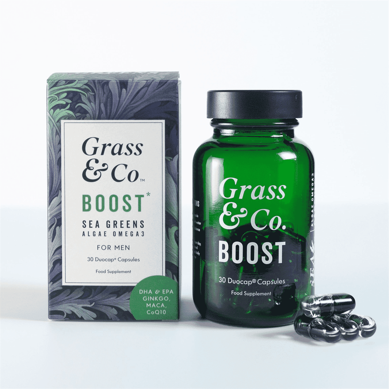 Grass & Co Boost Sea Greens Algae Omega 3 supplement for men, showing the bottle and label with sea greens and algae imagery.