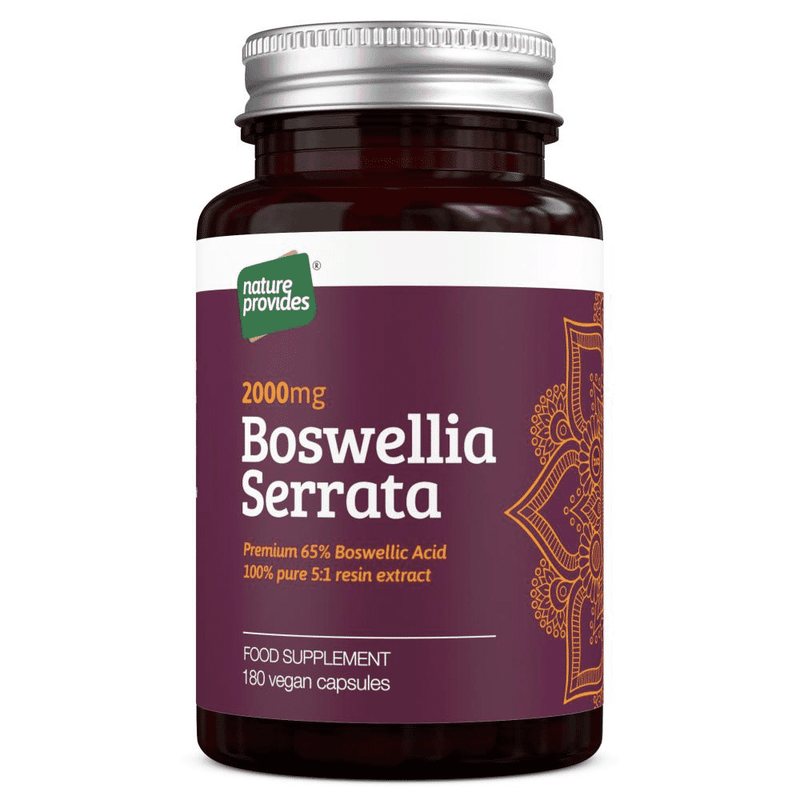 Bottle of Nature Provides Boswellia Serrata supplements with 180 capsules in a clear container on a white background.