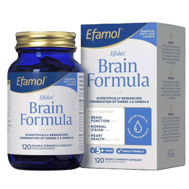 Efamol Brain Formula supplement bottle with 120 softgel capsules, designed to support brain health and cognitive function.
