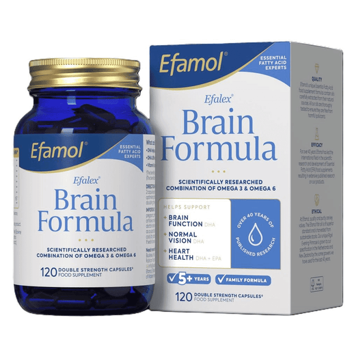 Efamol Brain Formula supplement bottle with 120 softgel capsules, designed to support brain health and cognitive function.