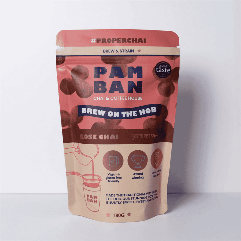 Pamban Chai & Coffee House Rose Chai brew and strain tea in 180g package, featuring rose flavor and traditional chai blend.