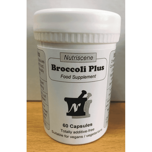 Nutriscene Broccoli Plus supplement bottle with 60 capsules, featuring a green broccoli illustration on the label.