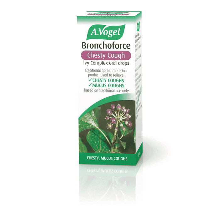 A Vogel BioForce Bronchoforce Chesty Cough Ivy Complex oral drops bottle, 50ml, with label showing natural cough relief ingredients.