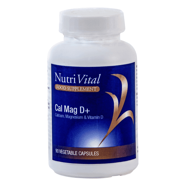Nutrivital Cal Mag D+ dietary supplement bottle with 90 tablets, showing the product label and branding.