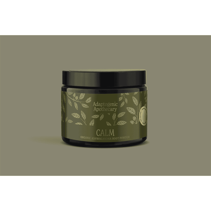 Organic Ashwagandha root powder by Adaptogenic Apothecary in a 220g package, shown in a natural, earthy setting.