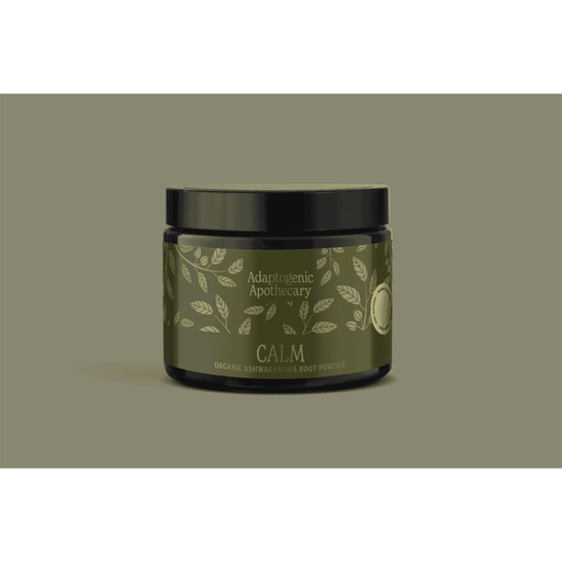 Organic Ashwagandha root powder by Adaptogenic Apothecary in a 220g package, shown in a natural, earthy setting.