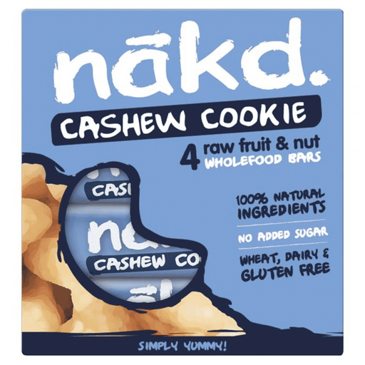Nakd Cashew Cookie Bar 4 x 35g multi-pack showing four individually wrapped cashew cookie bars with branding