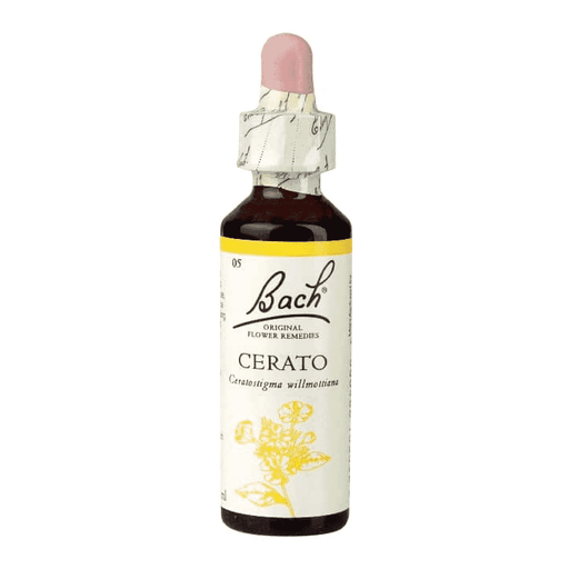 Bach Cerato flower remedy bottle with dropper, natural health supplement for emotional balance