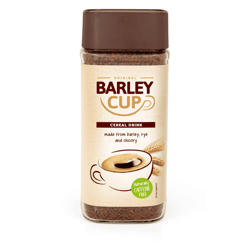 Barley Cup cereal drink granules in a 200g brown top package, showing the brown-colored cereal drink granules and packaging.