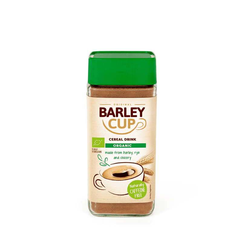 Organic Barley Cup cereal drink in a 100g package, showcasing the cereal drink product from Barley Cup.